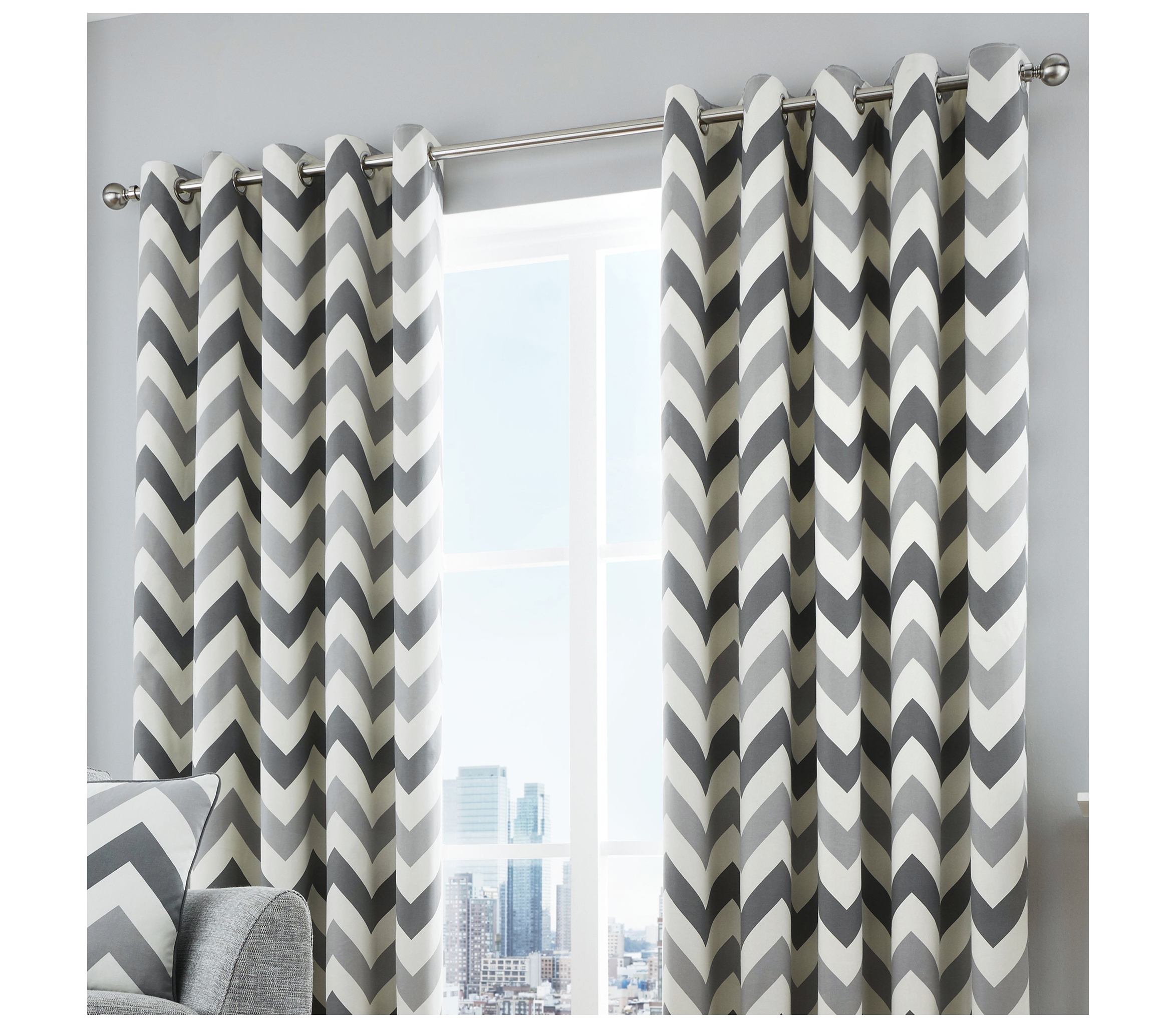 Fusion Chevron Grey Lined Eyelet Curtains J Rosenthal & Son