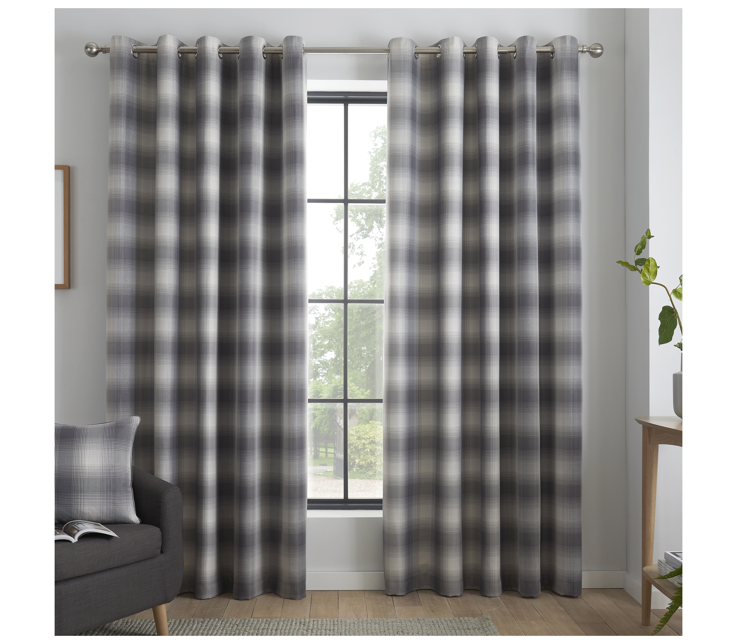 Curtina Lincoln Check Grey Eyelet Curtains J Rosenthal & Son