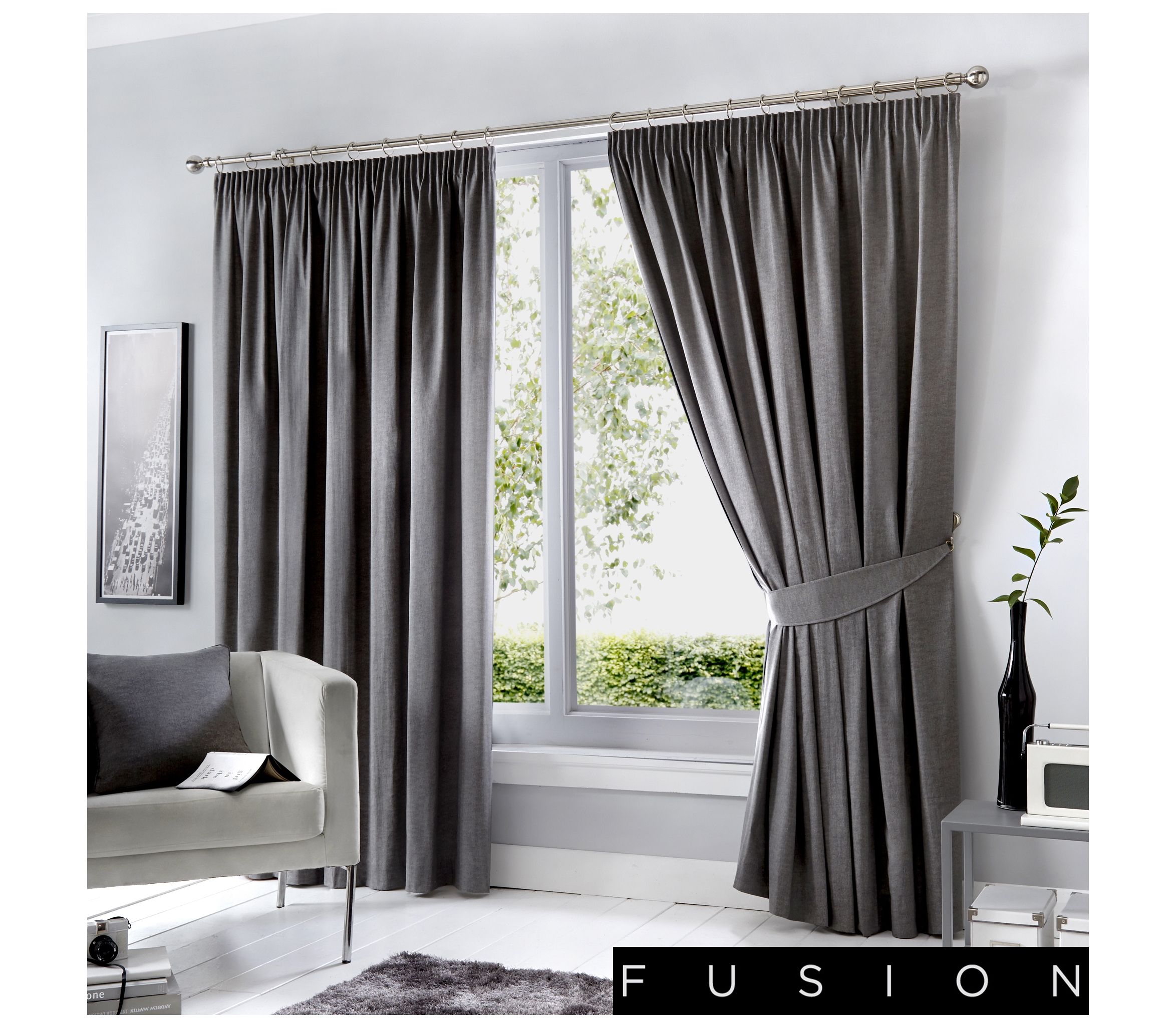 Fusion - Dijon - Charcoal Blackout Pencil Pleat Curtains | J Rosenthal