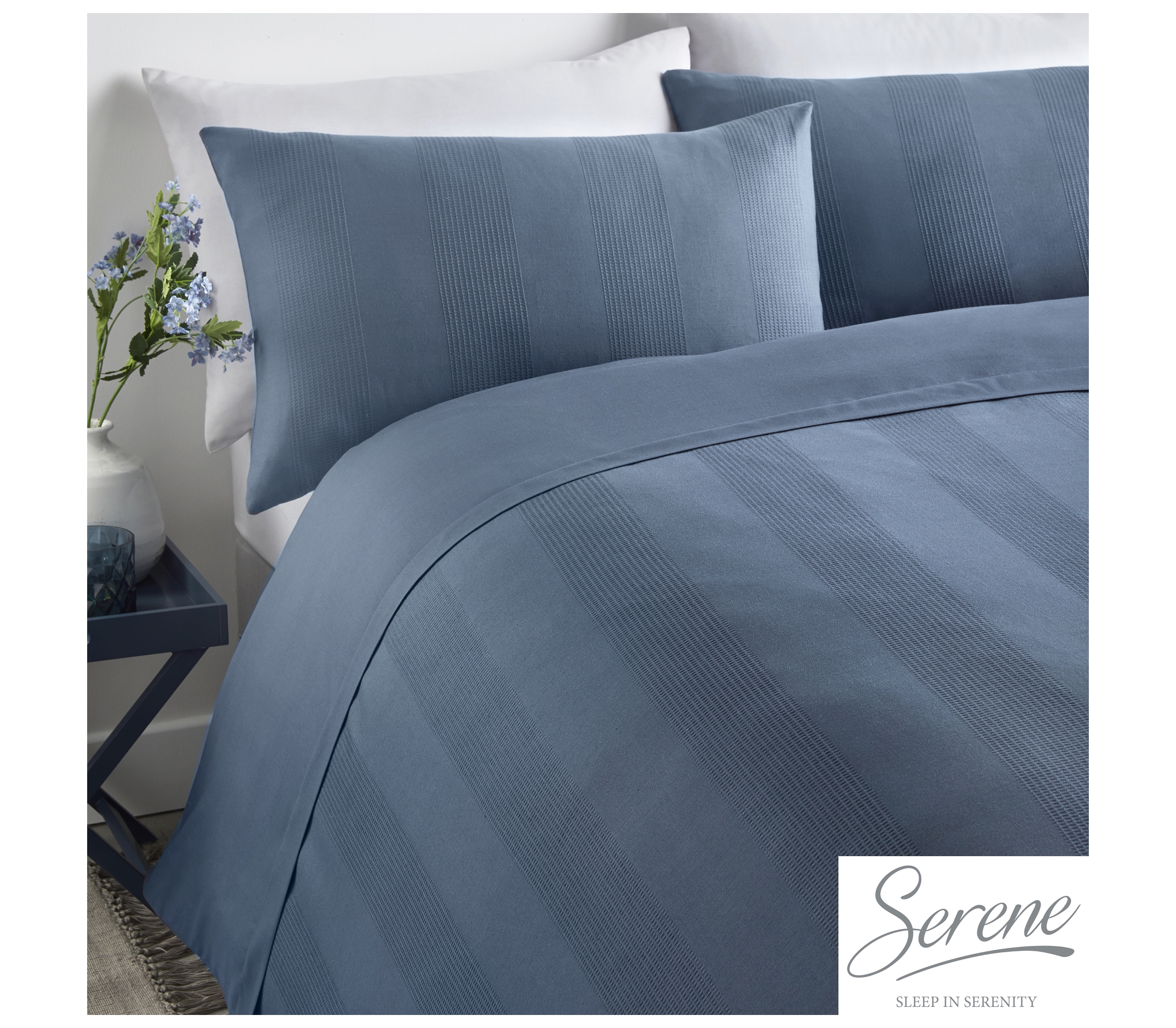 Serene Waffle Stripe Denim Bedding J Rosenthal & Son