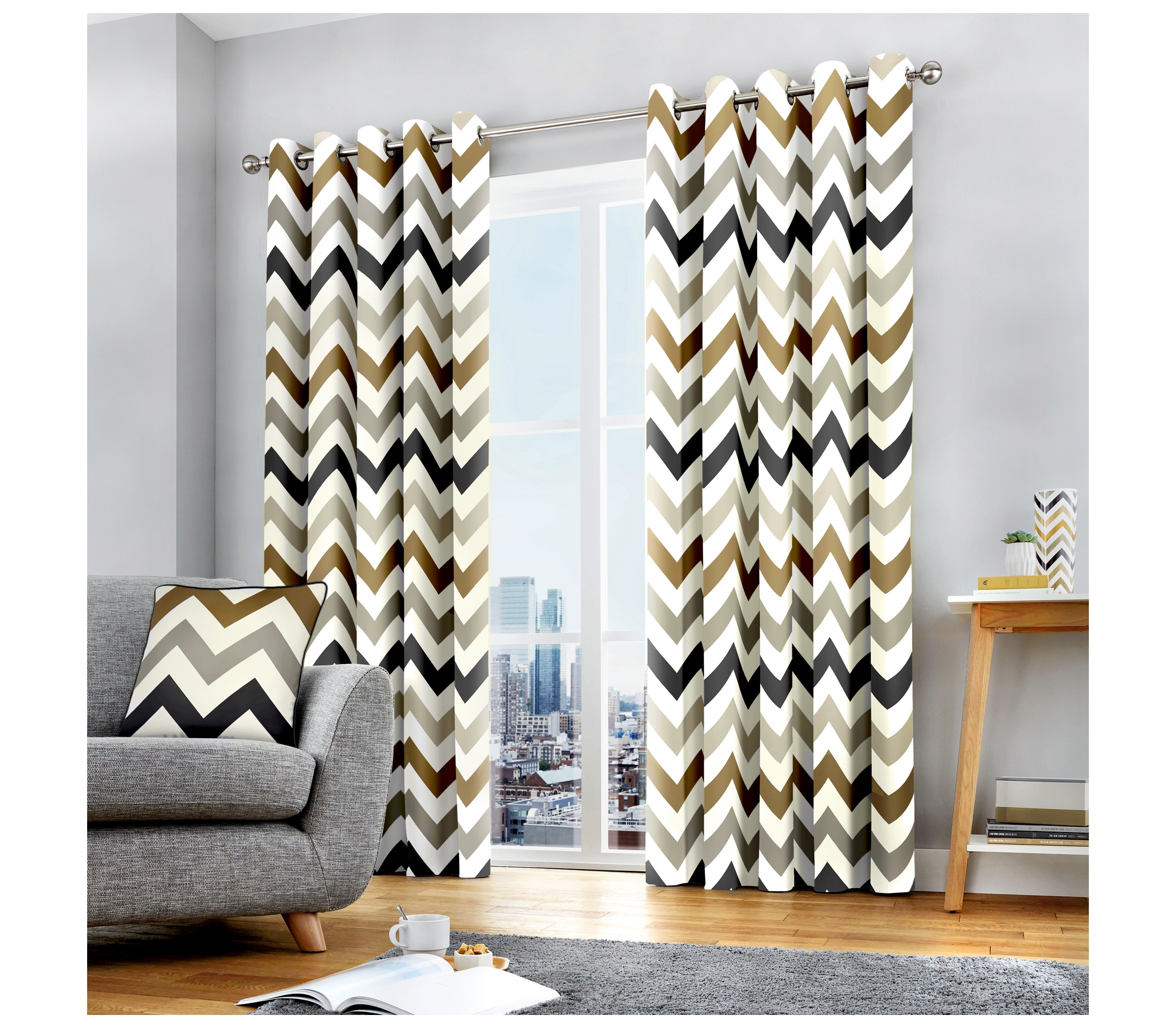 Fusion Chevron Tan Lined Eyelet Curtains J Rosenthal Son