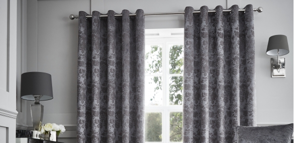 Curtina Peacock "Feather" Metallic Print Fully Lined Eyelet Curtains Silver 